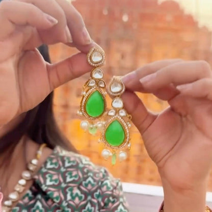 Green Kundan Necklace & Earrings Set with Bird Motif