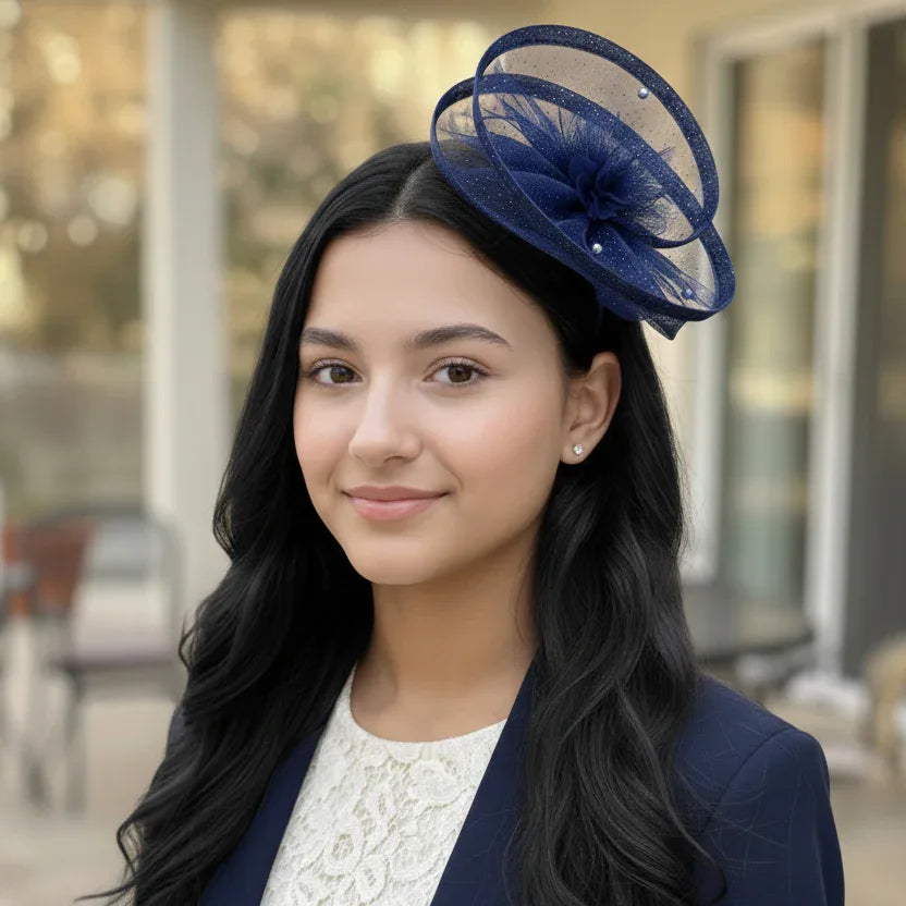 Gilded Enchantment Golden Sparkle Blue Fascinator Hat