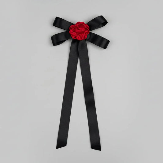 Black satin ribbon long tail bow hair clip with red rose flower | Designer ribbon hair bow clip