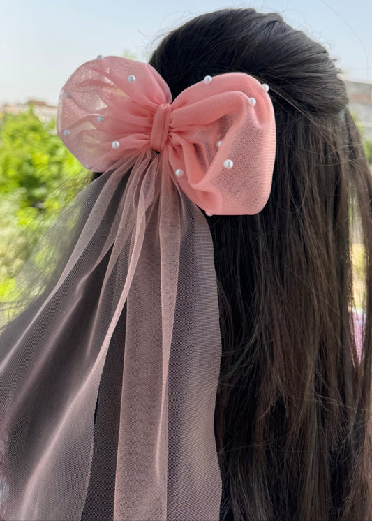 Blush Tulle Pearl Big Bow Hair Clip