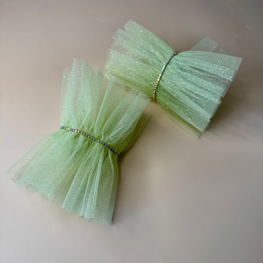 Pastel Green Ruffle Bracelet Cuff Gloves with Rhinestone Detailing