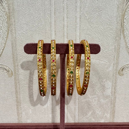 Gold-Plated Bangles with Pearl Detailing- set of 4