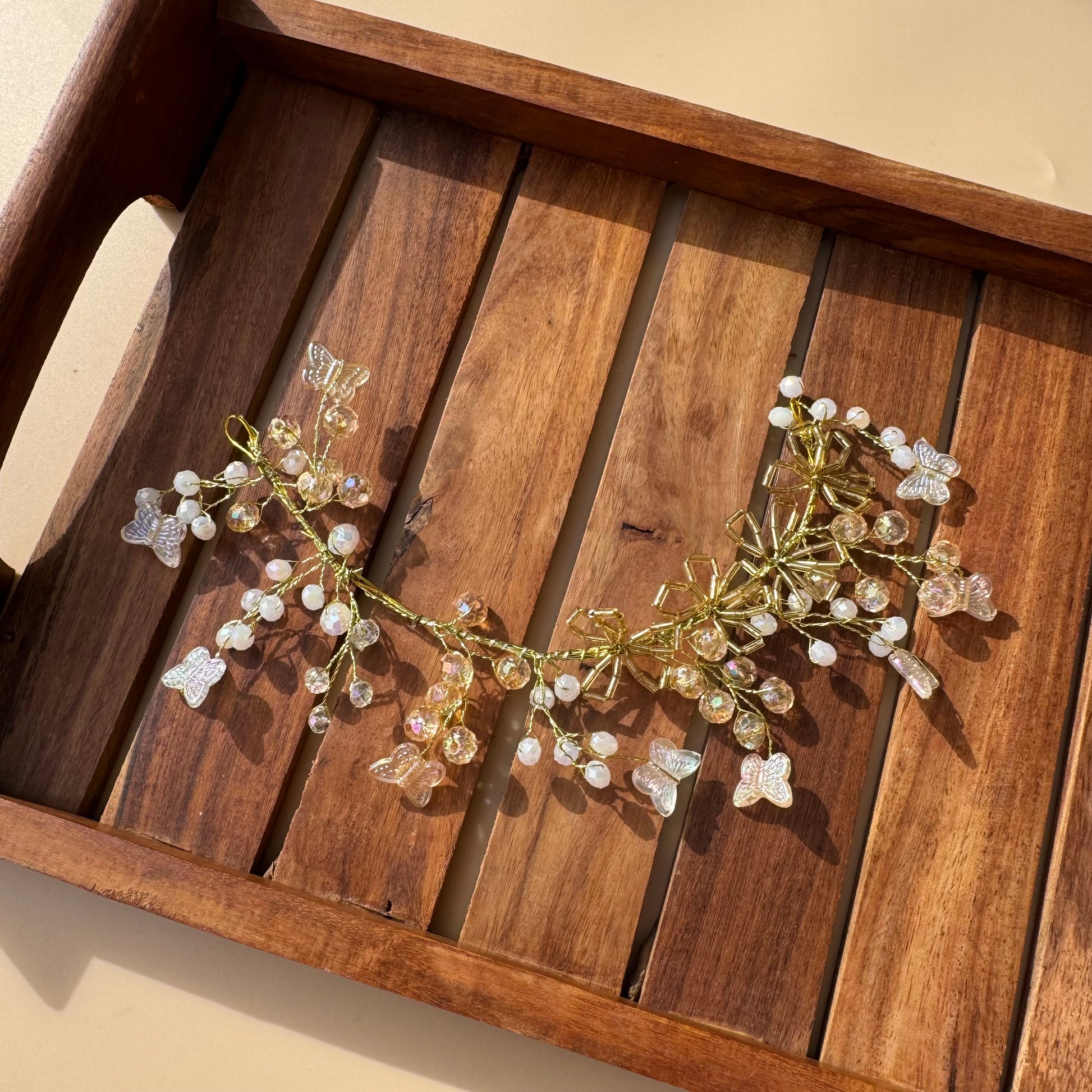 Golden Crystal Butterfly & Pearl Bridal Hair Vine