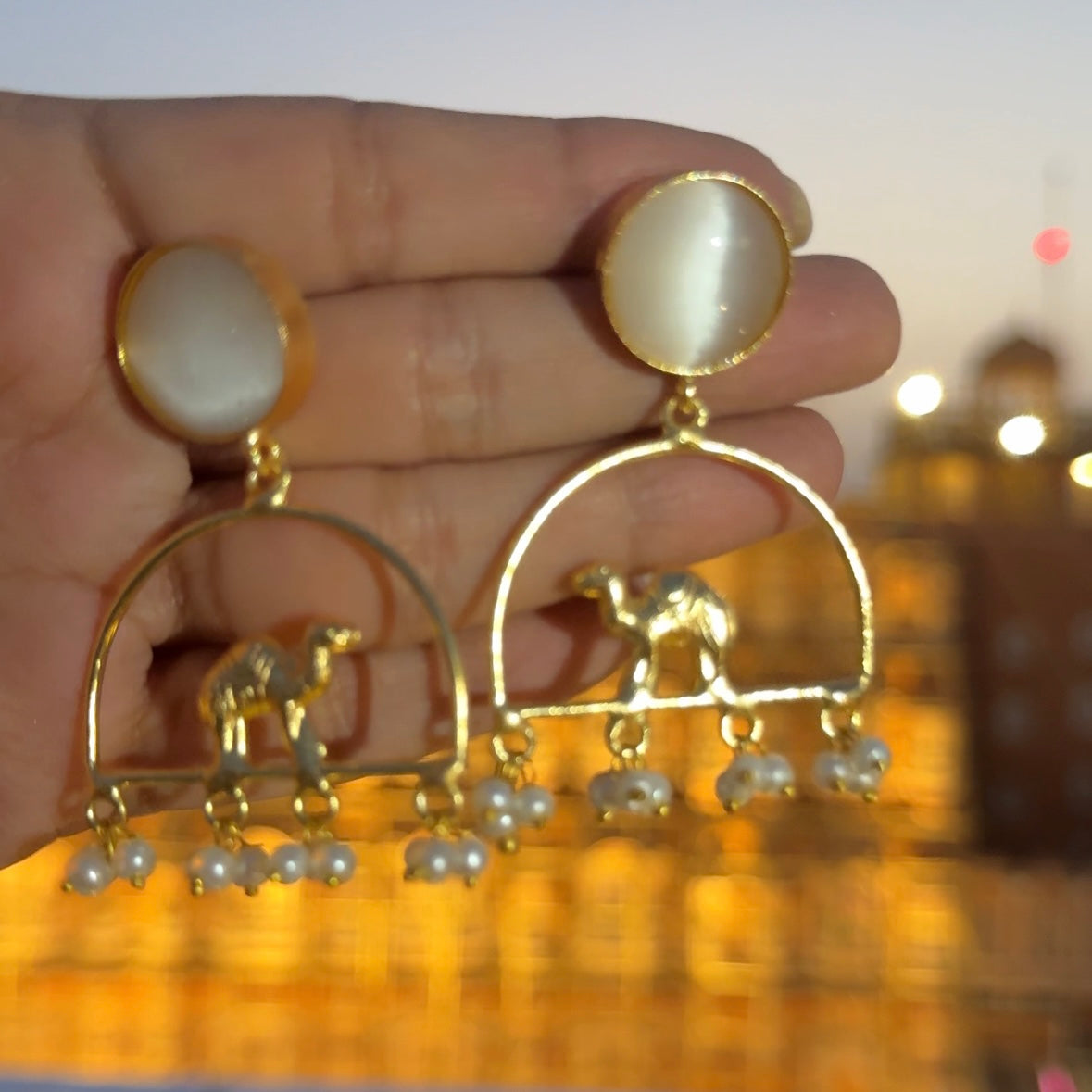 Ivory Gold-Plated Camel Drop Earring with Pearl Danglers