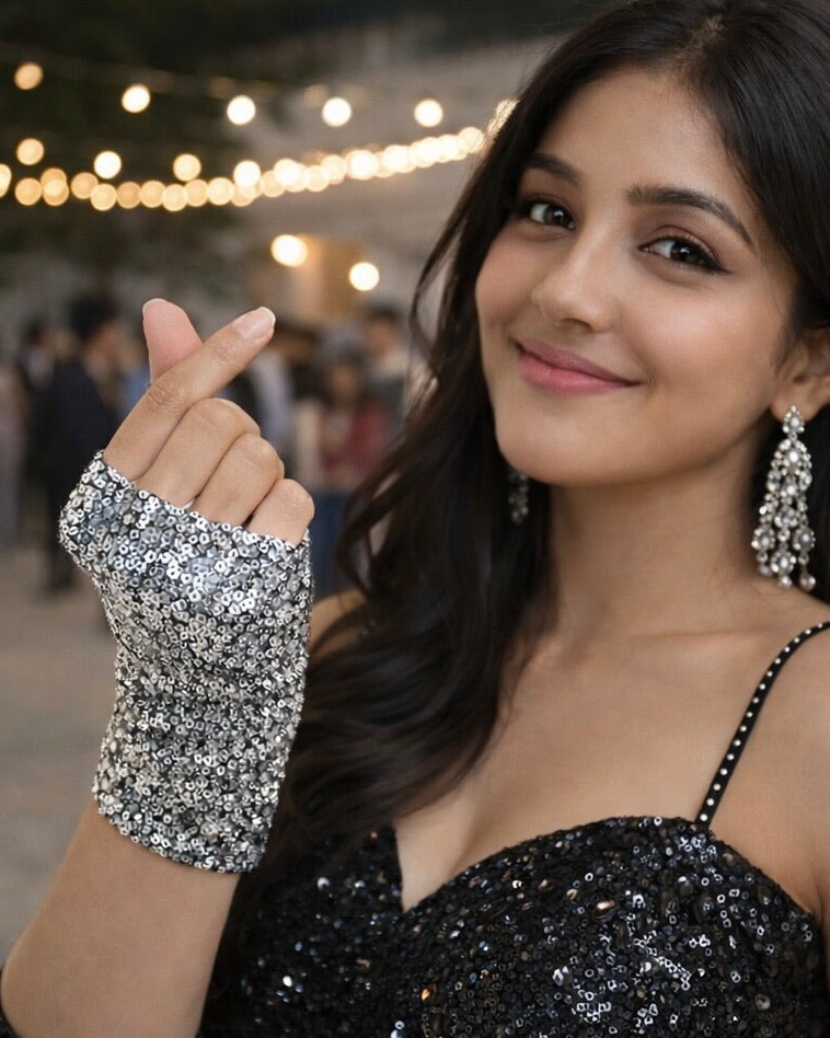 Silver Sequin Fingerless Wrist Gloves