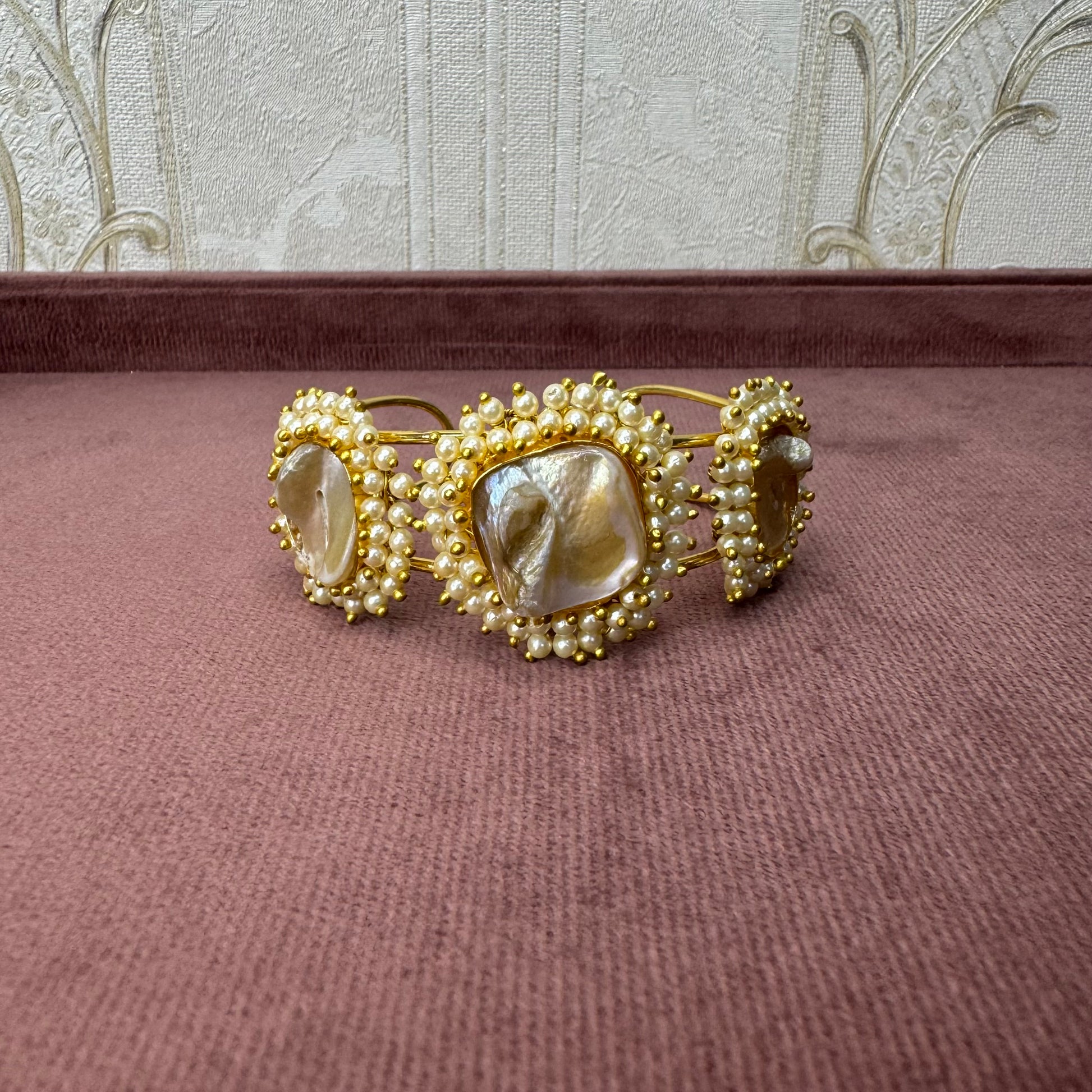 Gold-Plated Kada Bracelet with Pearls & Natural Stone – Luxe Statement Jewelry