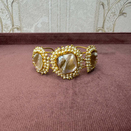 Gold-Plated Kada Bracelet with Pearls & Natural Stone – Luxe Statement Jewelry