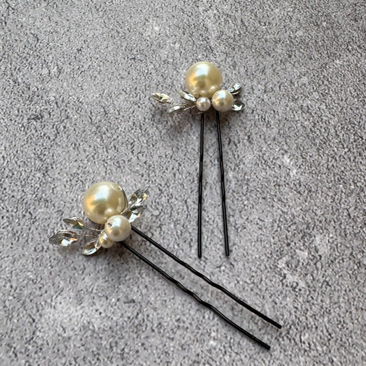 Elegant White Pearl & Crystal Hair Pins – Set of 2