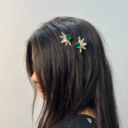 Emerald Green Winged Hair Pin Set Mirror Pair
