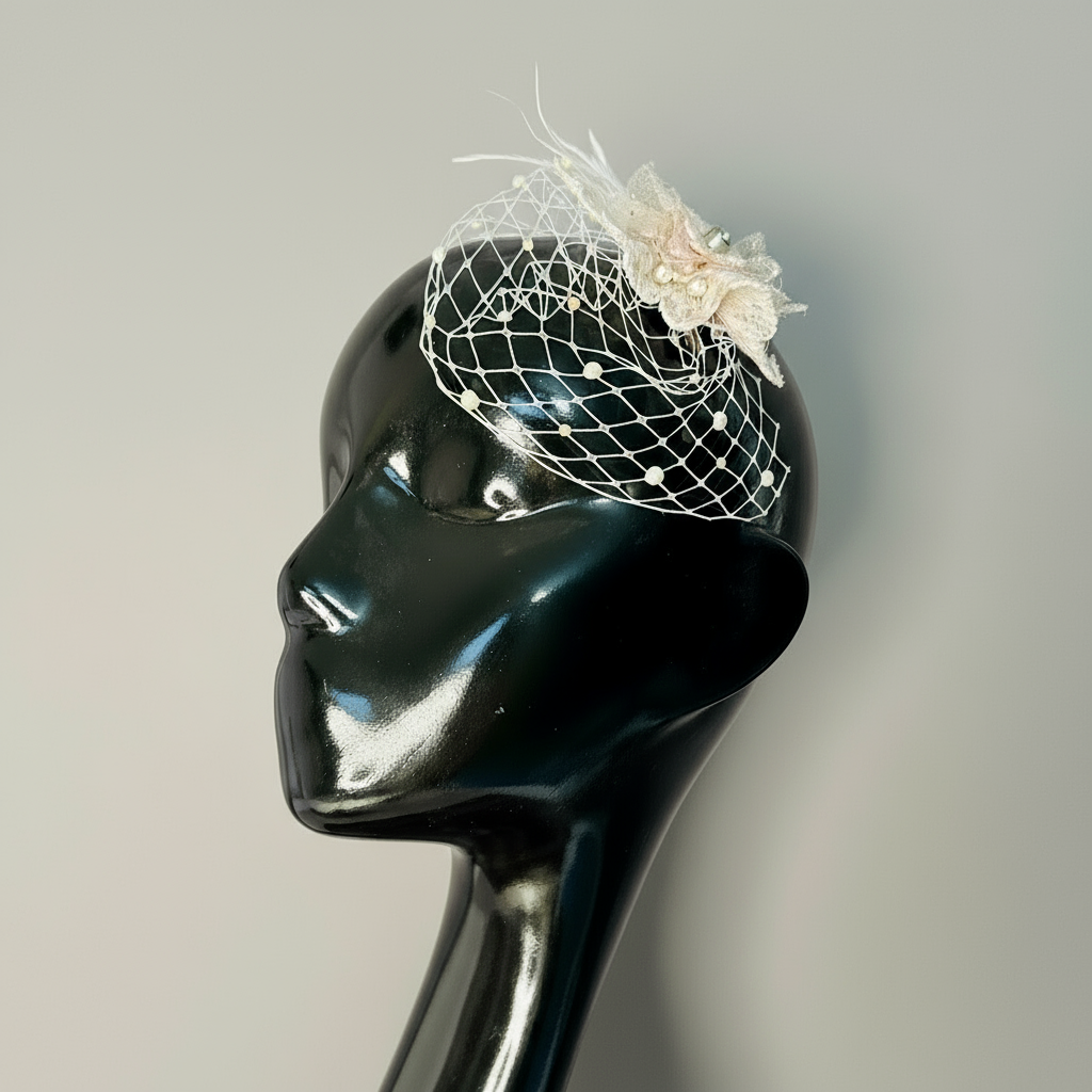 Blush Pink Veil Fascinator with Floral Lace and Pearls