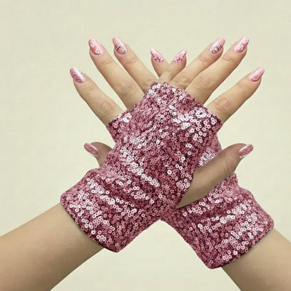 Pink Sequin Fingerless Wrist Gloves