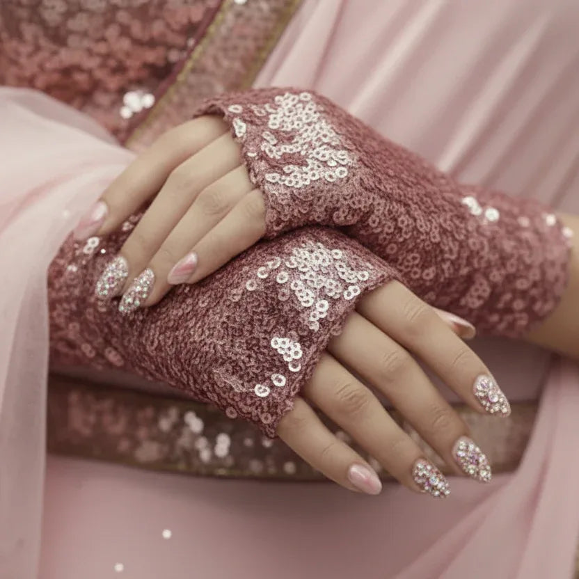 Pink Sequin Fingerless Wrist Gloves