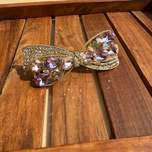 Crystal Bejeweled Bow Barrette Clips - Lavender Champagne Sparkle