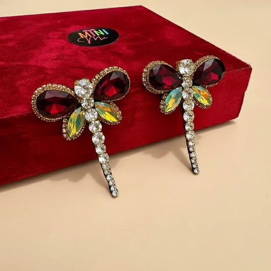 Crystal Dragonfly Statement Hair Pins - Red, Green