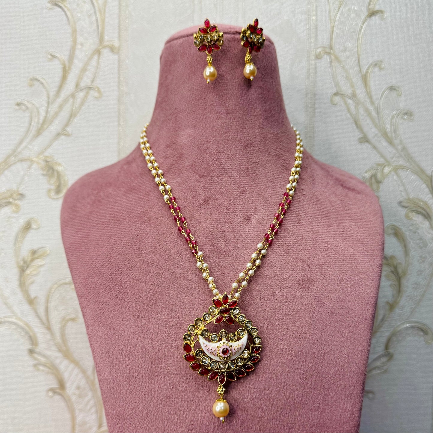 Regal Crescent Kundan Necklace Set with Ivory & Pink Enamel | Festive Jewelry on Sale