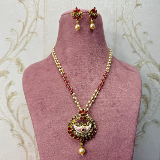 Regal Crescent Kundan Necklace Set with Ivory & Pink Enamel | Festive Jewelry on Sale