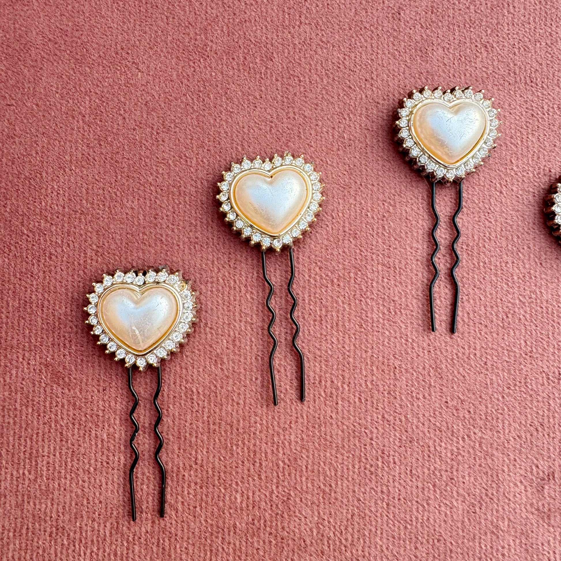 Crystal-Edged Pearl Heart Hair Pin Set