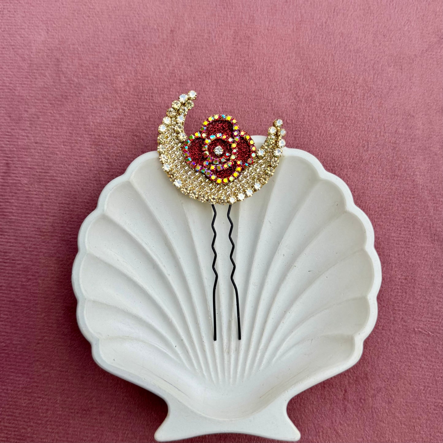 Red Rose Crescent Moon Bun Pin Set with Scattered Stones – Bridal Hair Jewelry