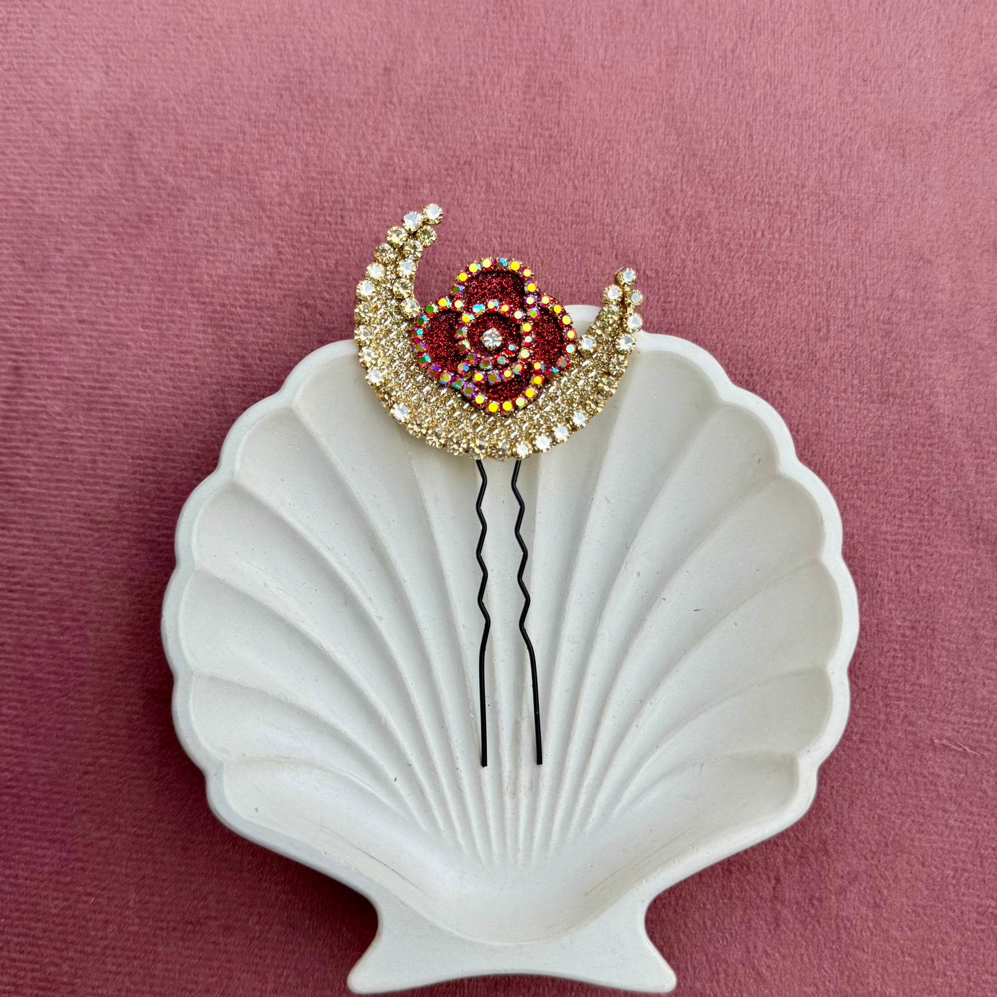 Red Rose Crescent Moon Bun Pin Set with Scattered Stones – Bridal Hair Jewelry