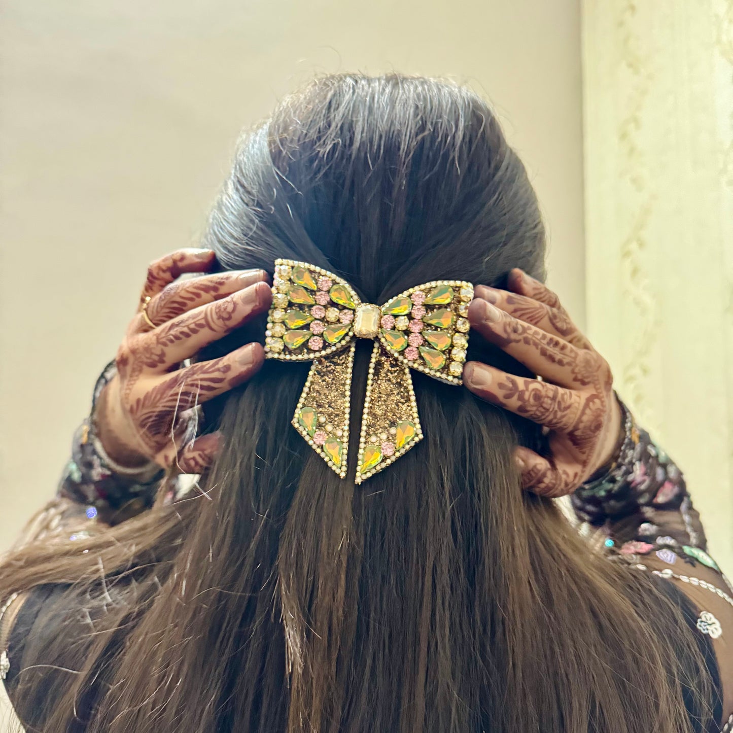 Bejewelled Green, Pink, Golden Luxe Bow Hair Clip
