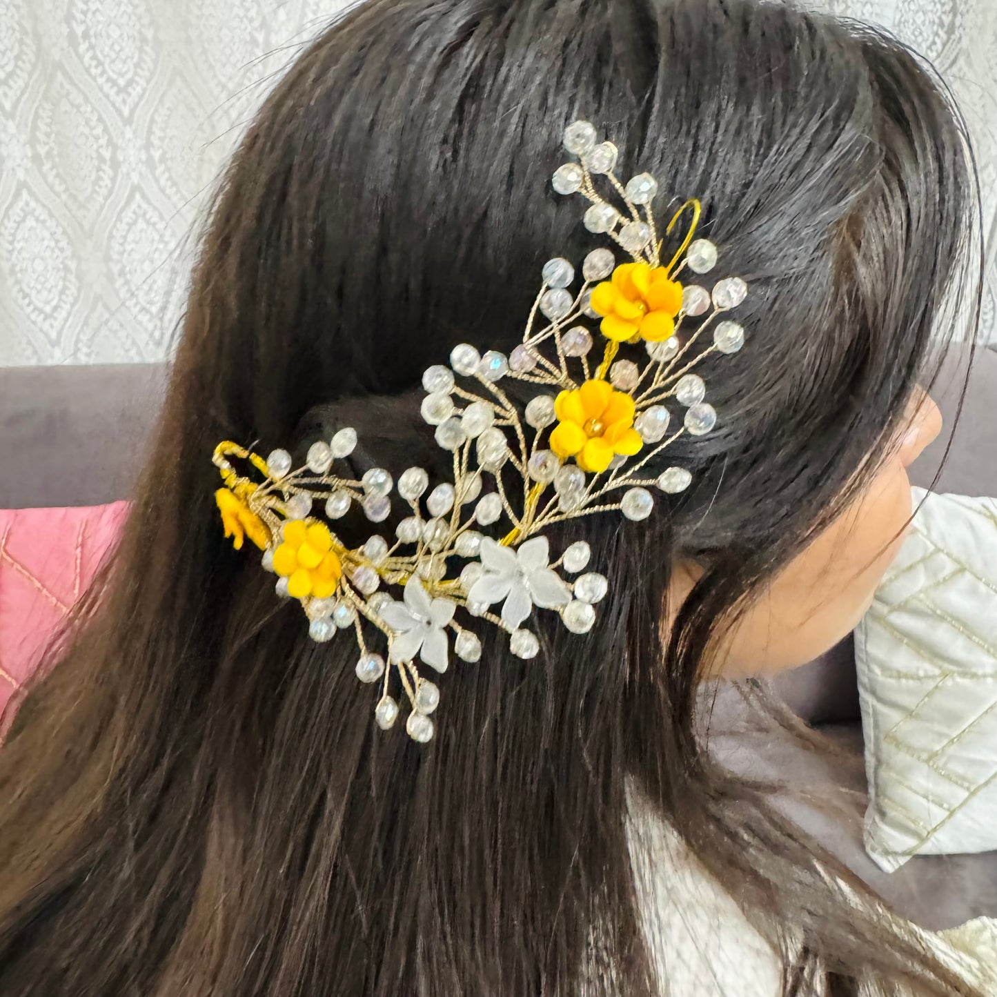 Haldi Crystal & Pearl Bridal Hair Vine | Yellow Crystal Hair Accessory for Haldi & Mehendi