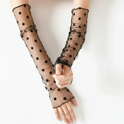 Polka Charm Sheer Mesh Arm Gloves – Black