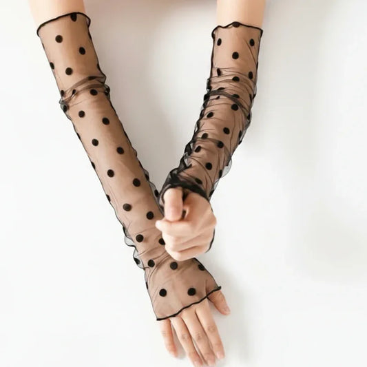 Polka Charm Sheer Mesh Arm Gloves – Black