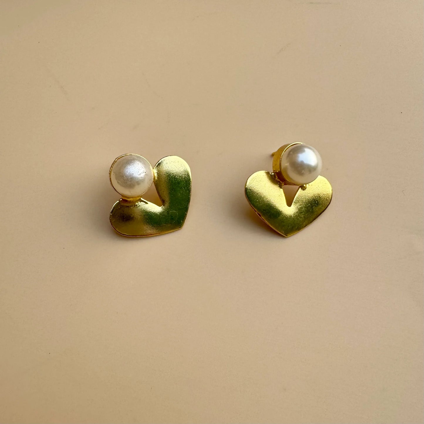 Golden Heart Pearl Stud Earrings