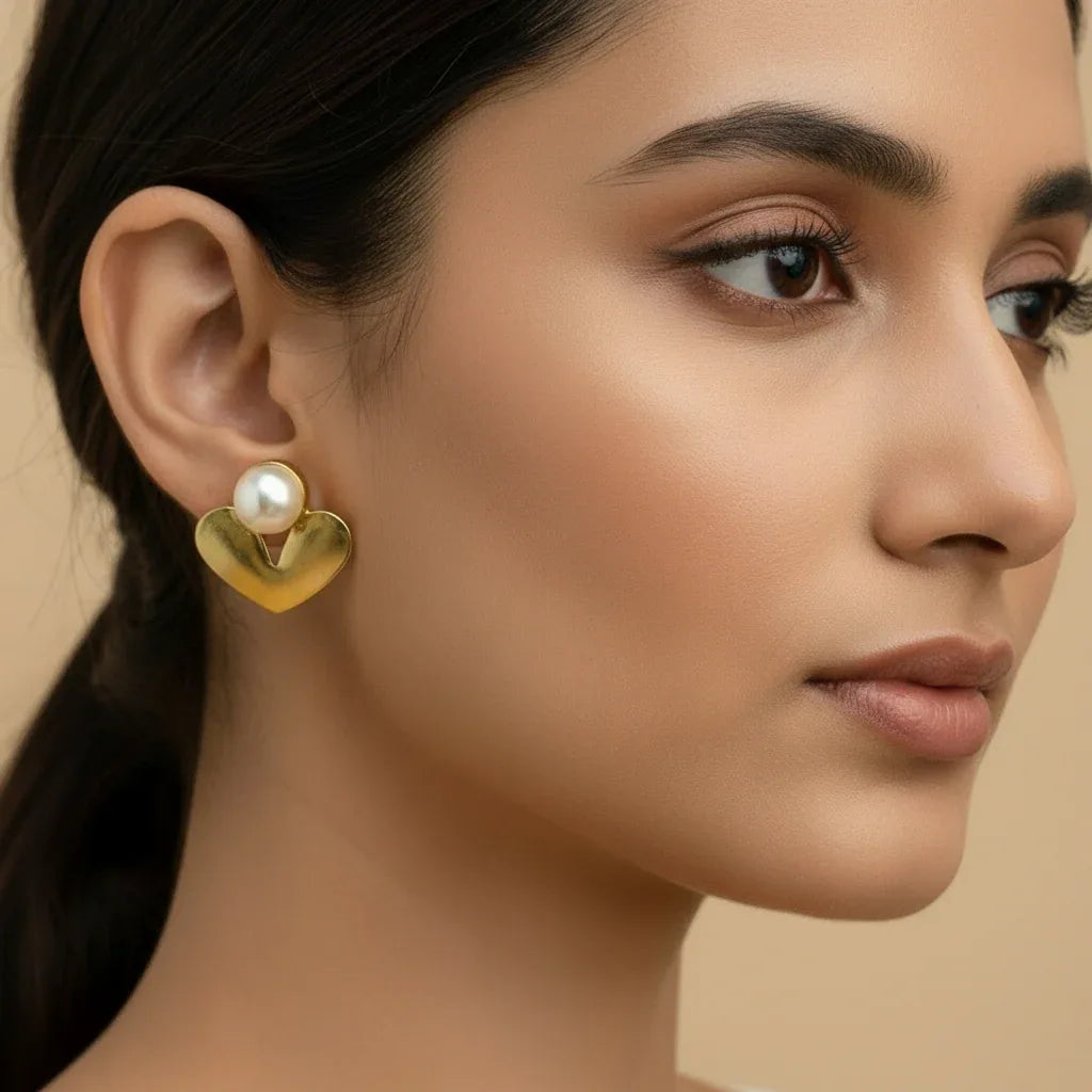 Golden Heart Pearl Stud Earrings