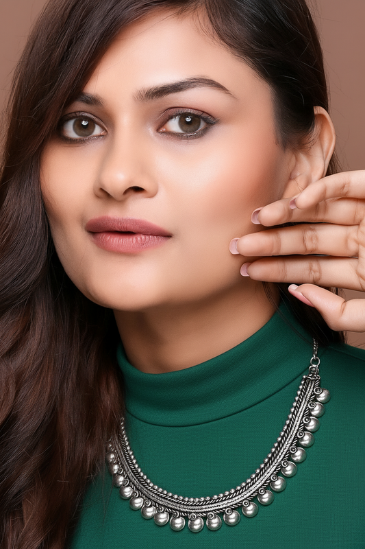 Oxidised Silver-Toned Necklace with Ghungroo Detailing