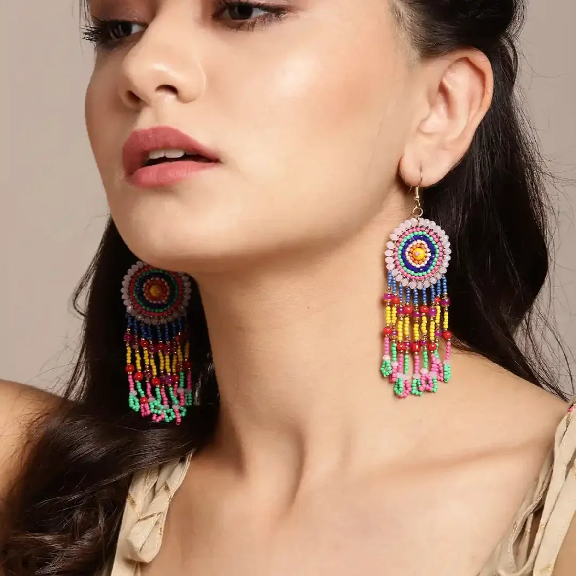 Multicolour Beaded Circular Drop Earrings - Nisha Gera