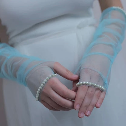 Sky blue Sheer Pearl Trim Gloves – Elegant Mesh Opera Gloves