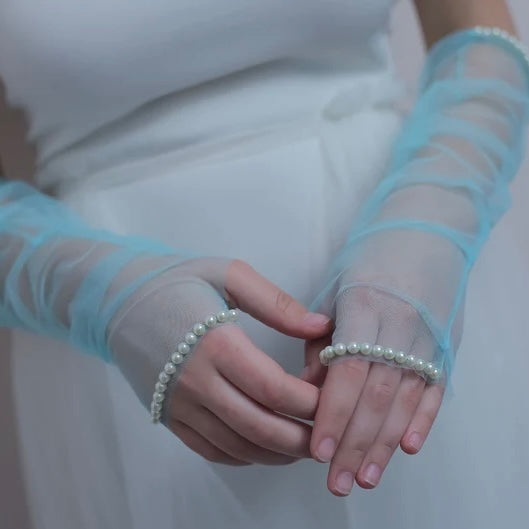 Sky blue Sheer Pearl Trim Gloves – Elegant Mesh Opera Gloves