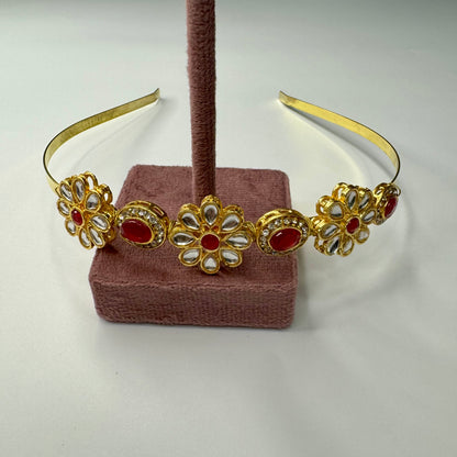 Golden Polki Ruby Kundan Flower Hairband