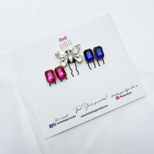 Ruby, Sapphire & Crystal Butterfly Hair Pin Set