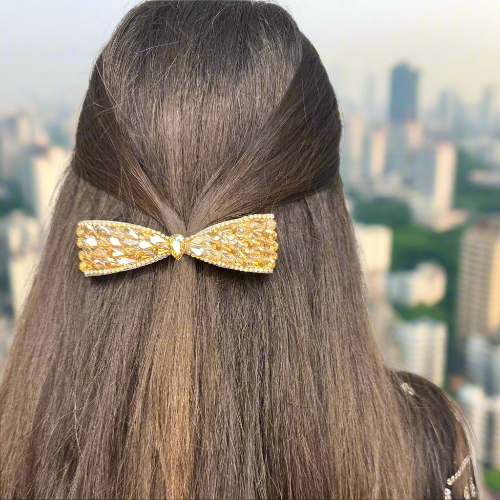 Bejeweled Golden Crystal Bow Hair Clip