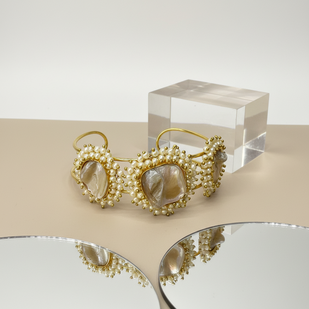 Gold-Plated Kada Bracelet with Pearls & Natural Stone - Mother of Pearls