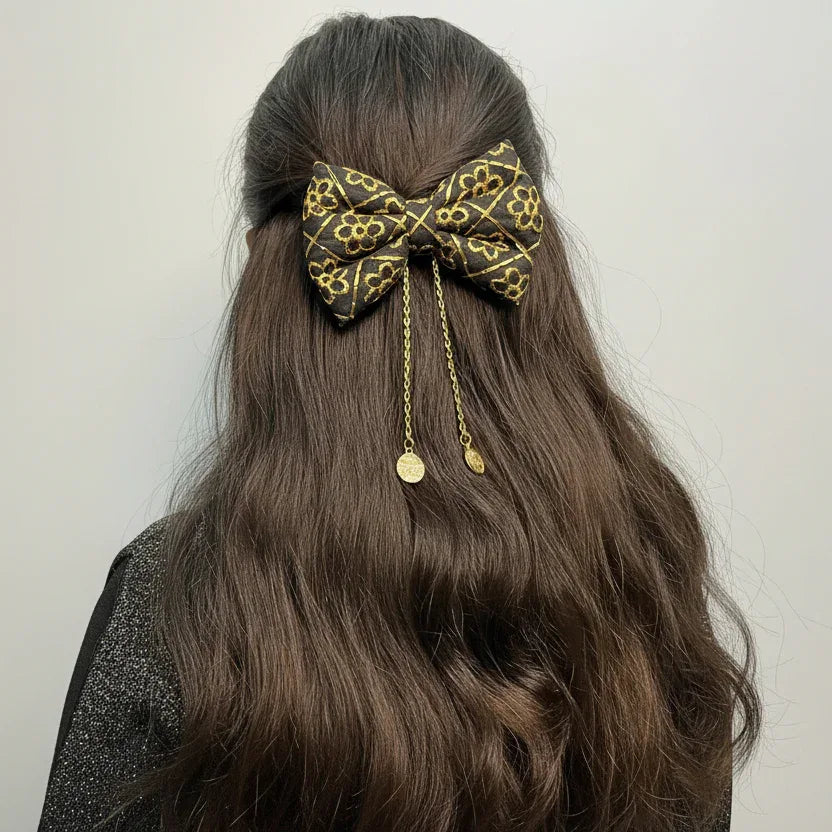 Black and Gold Daisy Festive Bow Hair Clip