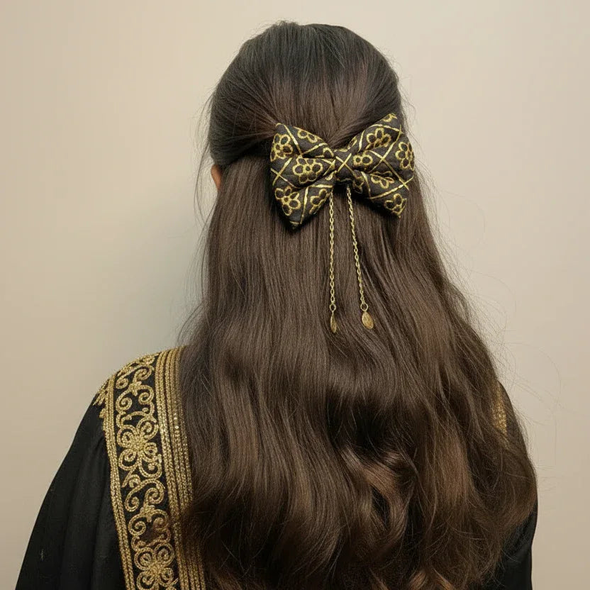 Black and Gold Daisy Festive Bow Hair Clip
