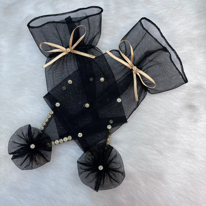 Black Fingerless Gloves with Light Golden Pearls
