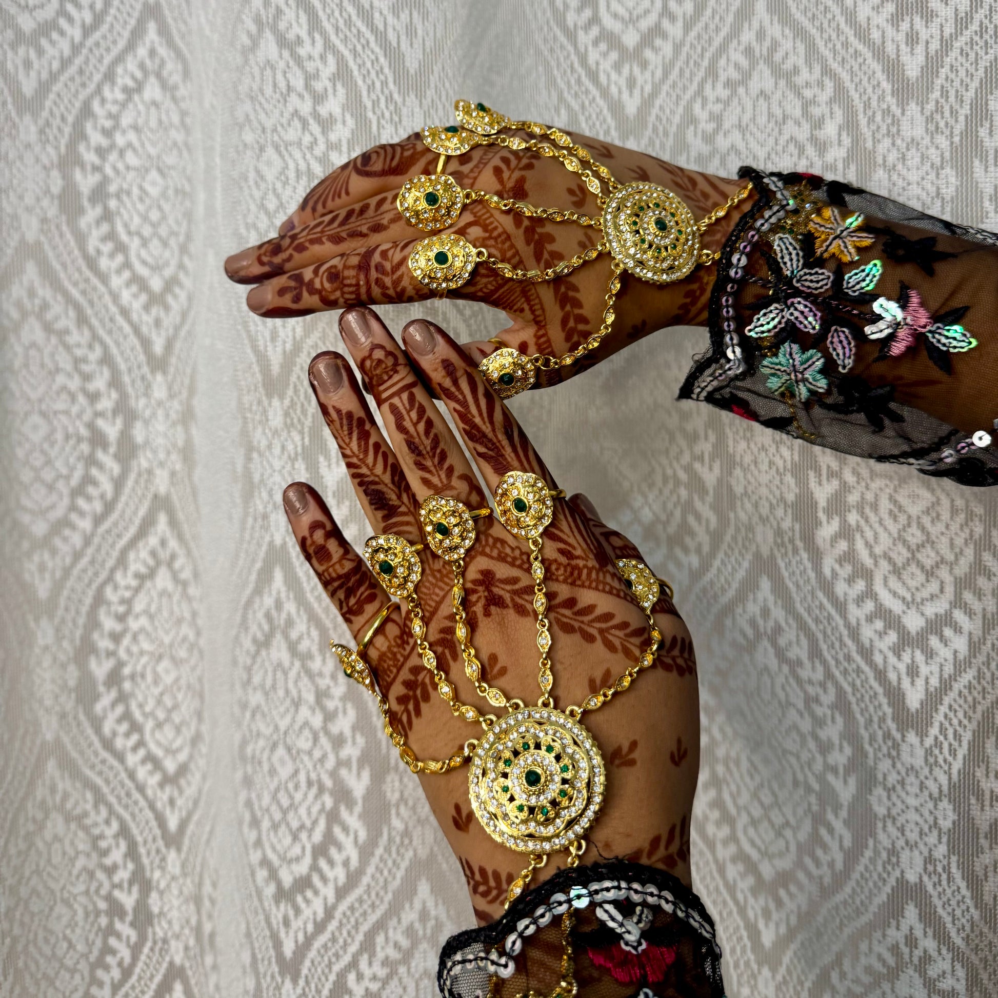 Gulbahar Hathphools – Golden Green Kundan Hand Jewelry for Bridal & Festive Wear
