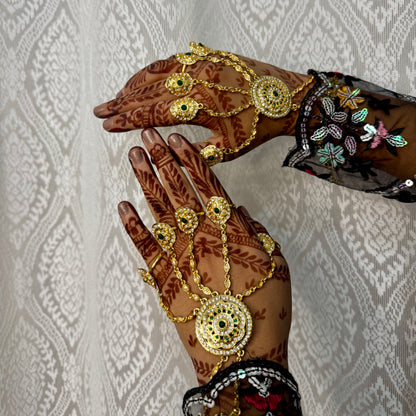 Gulbahar Hathphools – Golden Green Kundan Hand Jewelry for Bridal & Festive Wear
