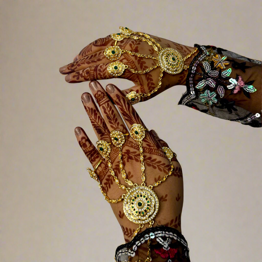 Gulbahar Hathphools – Golden Green Kundan Hand Jewelry for Bridal & Festive Wear