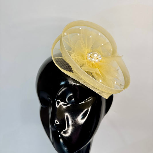 Pastel Yellow Bloom Twisted Fascinator Hat with Pearls