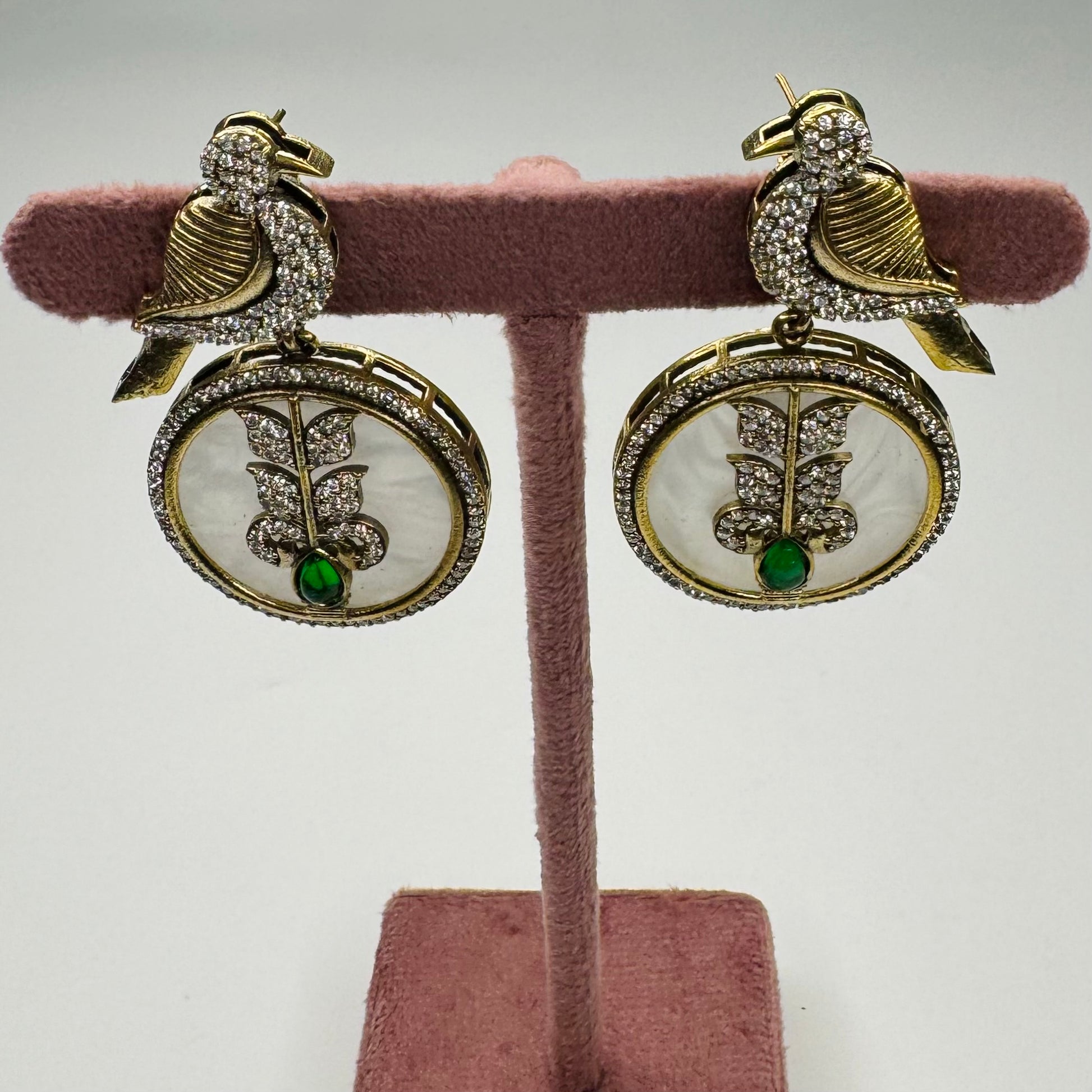 Bird Motif Statement Earrings – Crystal & Emerald Green Accent