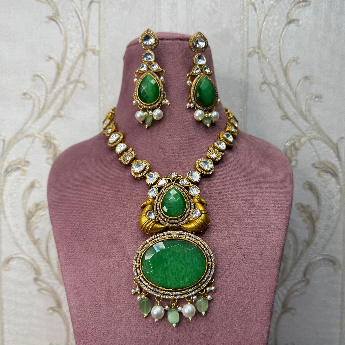 Green Kundan Necklace & Earrings Set with Bird Motif