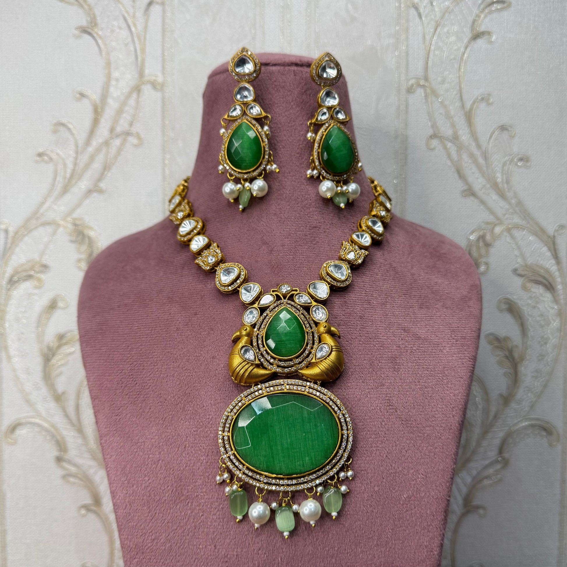 Green Kundan Necklace & Earrings Set with Bird Motif
