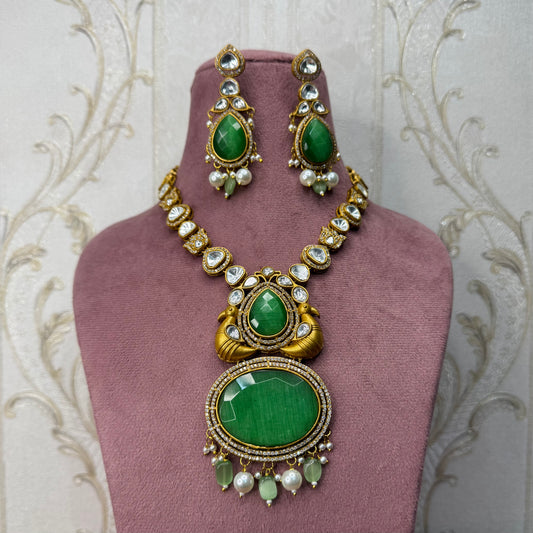 Green Kundan Necklace & Earrings Set with Bird Motif