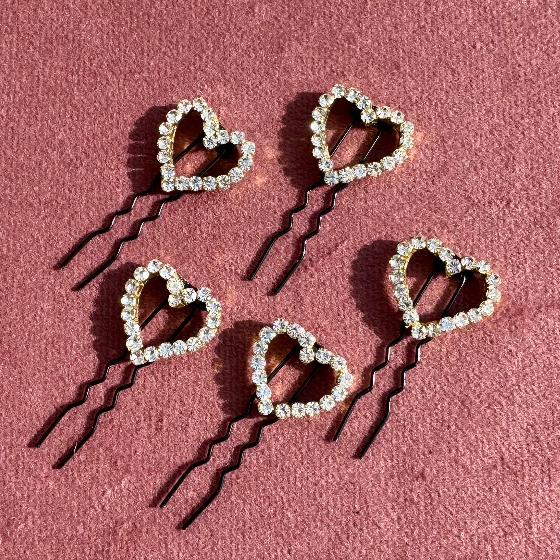 Crystal Heart Bride Hair Pins - Set of 5