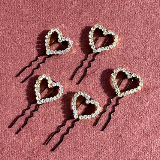 Crystal Heart Bride Hair Pins - Set of 5